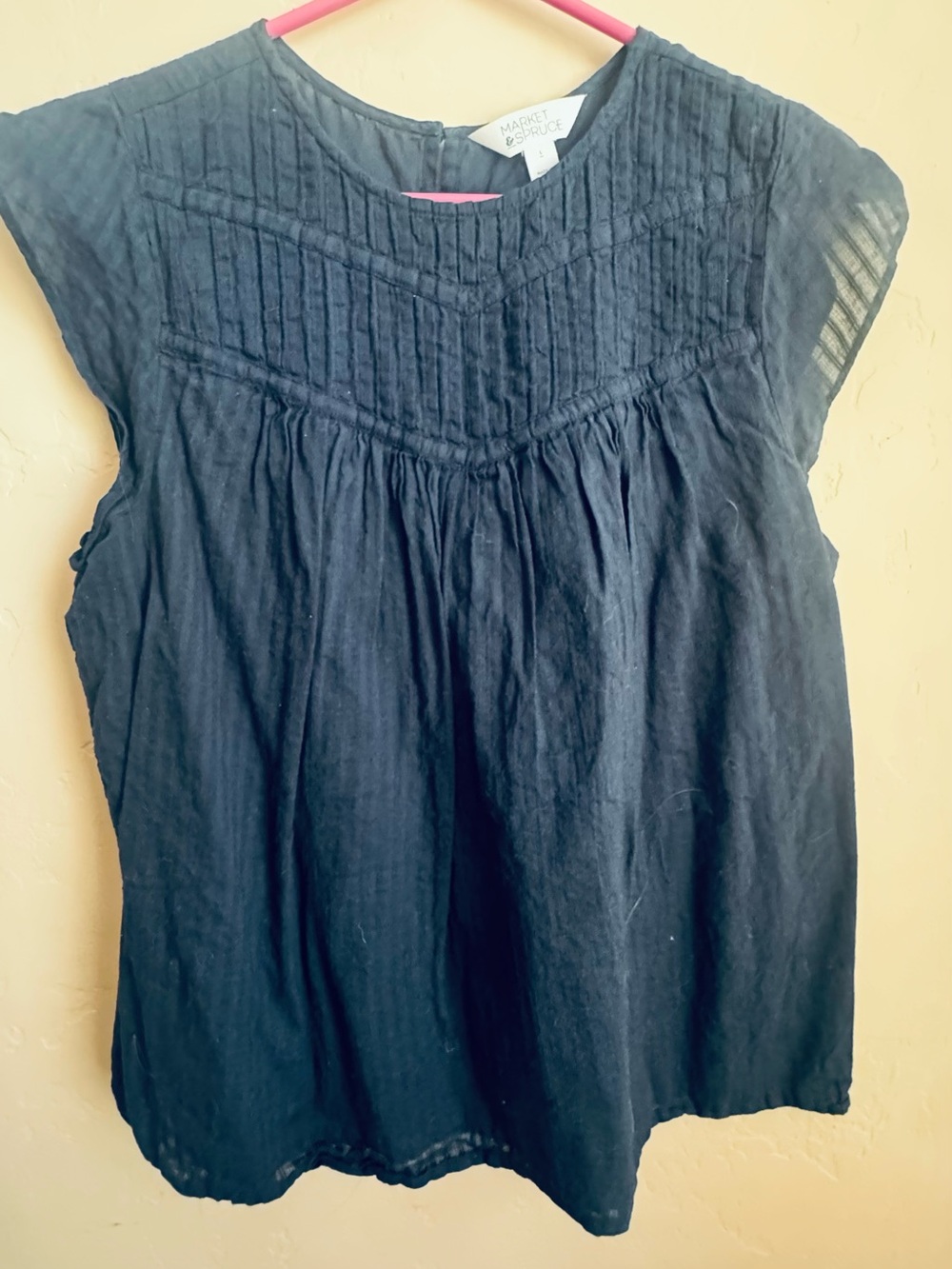 Navy Blue Pintuck Cap-Sleeve Top